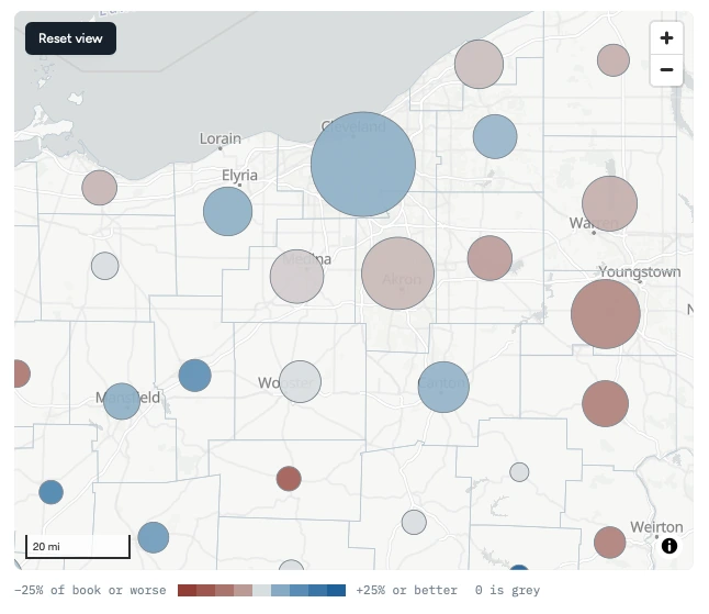 Market Insights, zoomed to one corner of the state: each county drawn as a circle, sized by how many participating employers sit there and colored by whether it is growing or shrinking.